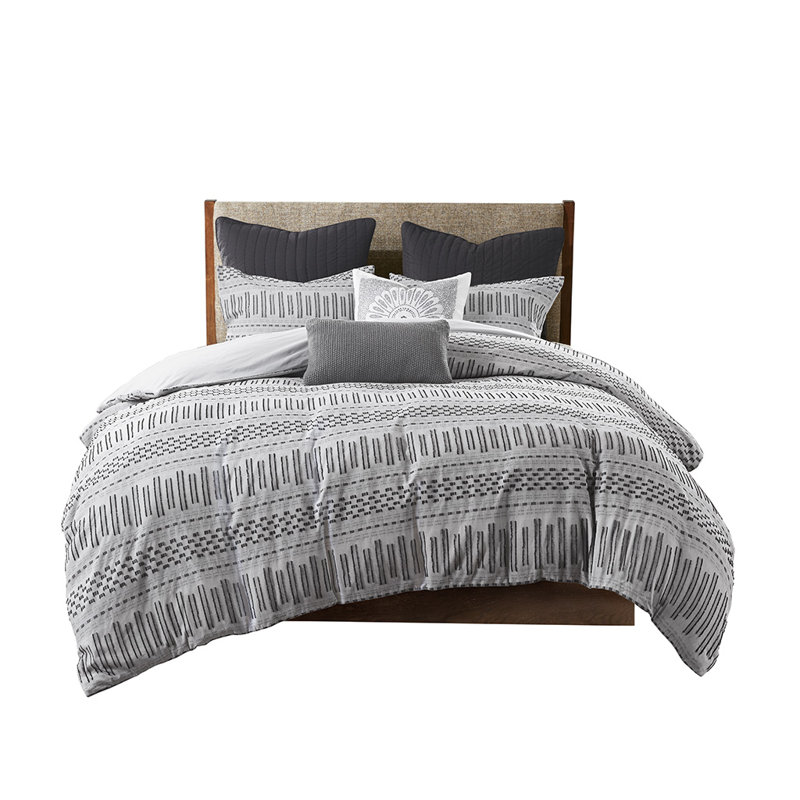 Literie en coton Mackinzey, Housse de couette double / grand + 2 taies décora, Gris / noir