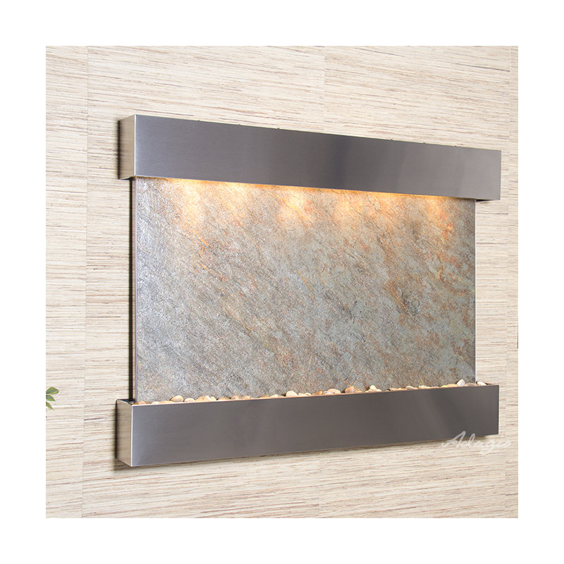 Teton Falls Fountain with Light, Green Feather, Stainless Steel