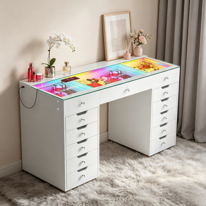 Makeup Vanity Desk HD Glass Top Built-in RGB Light Strips Large 13 Drawers Diamond Handles USB and Type-C, Gray