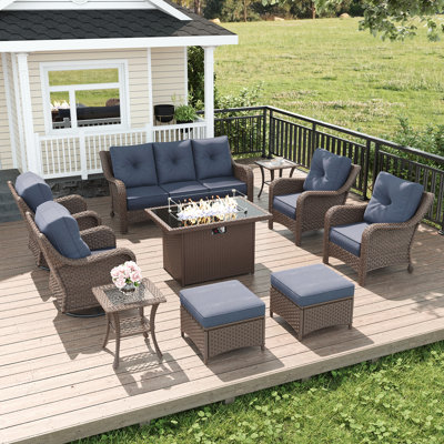  10 Piece Wicker Outdoor Furniture Set with 6-inch Comfy Cushions, High Back Patio Furniture Set with Swivel Rocking Chairs and Fire Pit Table