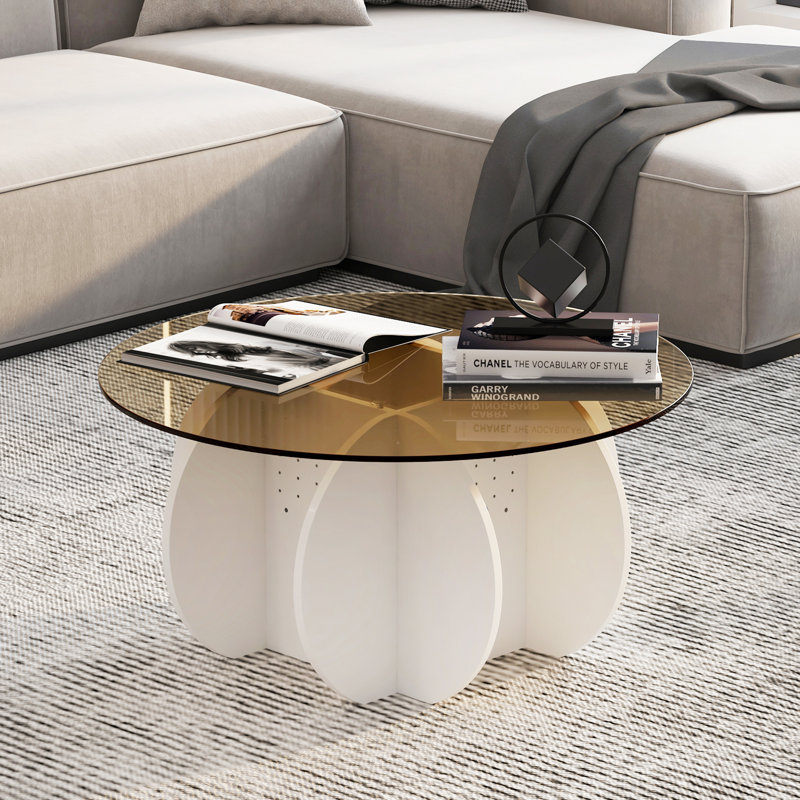 Table basse ronde à base de fleurs, table de cocktail moderne en verre trempé ambré pour petit salon, Brun
