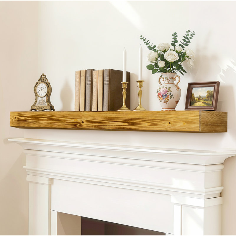 60" Fireplace Mantel, Rustic Fireplace Mantle Shelf With Invisible Brackets, Handcrafted Wood Floating Fireplace Mantel, Wall Mounted Fireplace Mantel Shelf For Living Room Decor, Wood Color