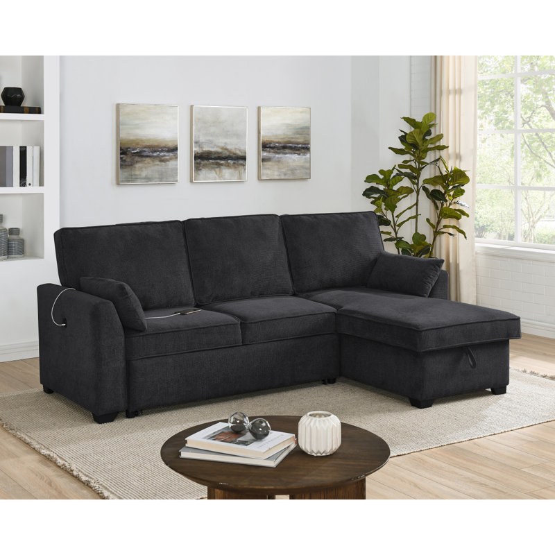Canapé-lit modulaire moderne en tissu noir l 92 po avec méridienne réversible, ports de charge USB et porte-gobelets Modern