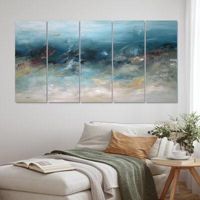 Distant Horizon In Retro Shades Of Blue II - Abstract Canvas Wall Art - 5 Equal Panels