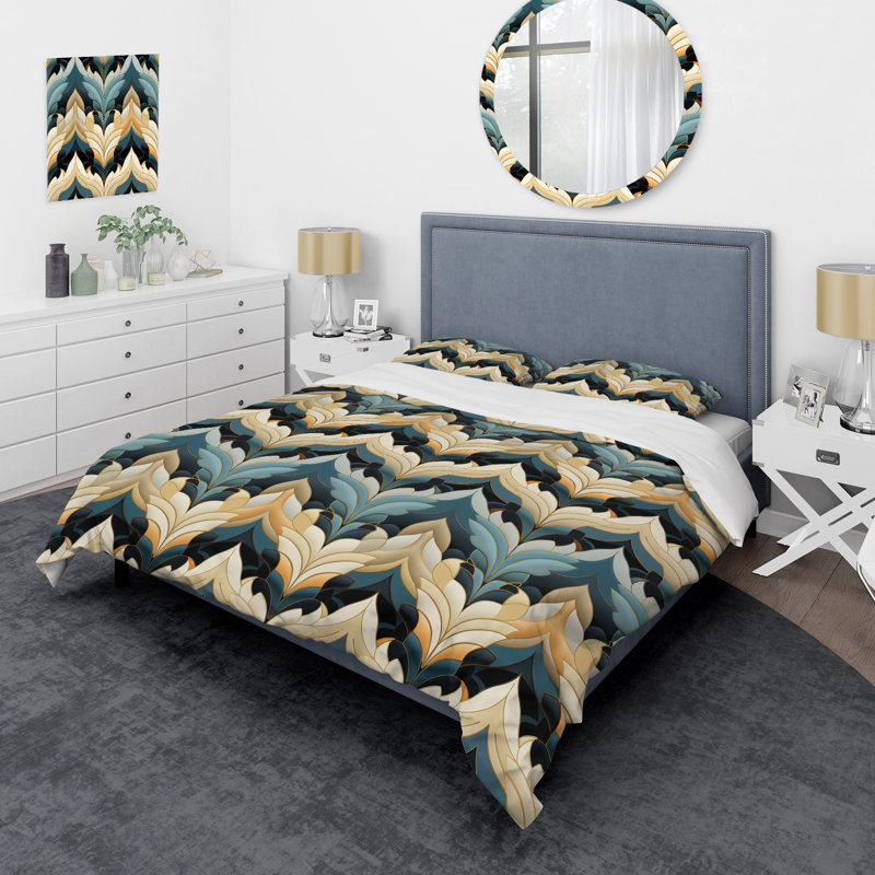 Literie à motif de chevrons beige et bleu, Housse de couette pour très grand lit et 2 très