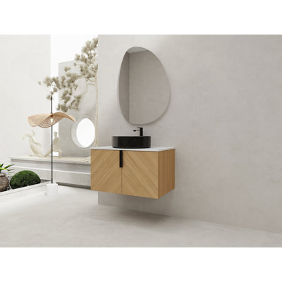 Meuble-lavabo mural avec lavabo d'art en céramique et dalle de pierre artificielle, portes à fermeture en douceur, contreplaqué durable pour un assemblage et un rangement faciles