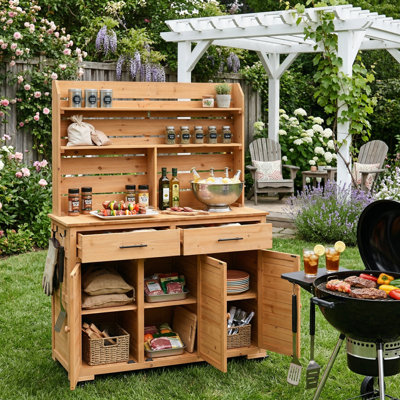 65''H Large Garden Potting Bench Table, Solid Fir Wood Workstation With Lockable Wheels, Storage Cabinet, Drawers And Removable Shelves