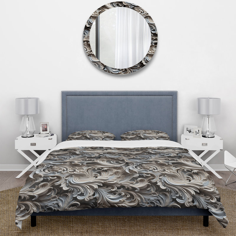 Beige And Silver Sphinx Paisley Pattern Floral Duvet Cover, King Duvet Cover + 2 King Shams