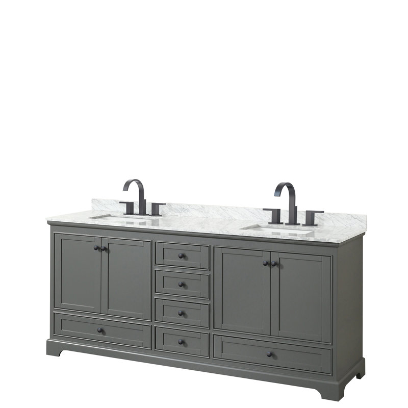Deborah 79.75'' Double Bathroom Vanity with Marble Top, Dark Gray, Matte Black