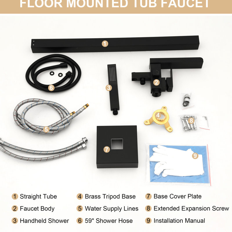Freestanding Bathtub Faucet With Waterfall Tub Filler And Hand Shower, 360 Rotatable Spout, Dual Temperature Regulation, Brass Base Matte Black Faucet, 59" - Kink Hose, Control For Relaxing Water