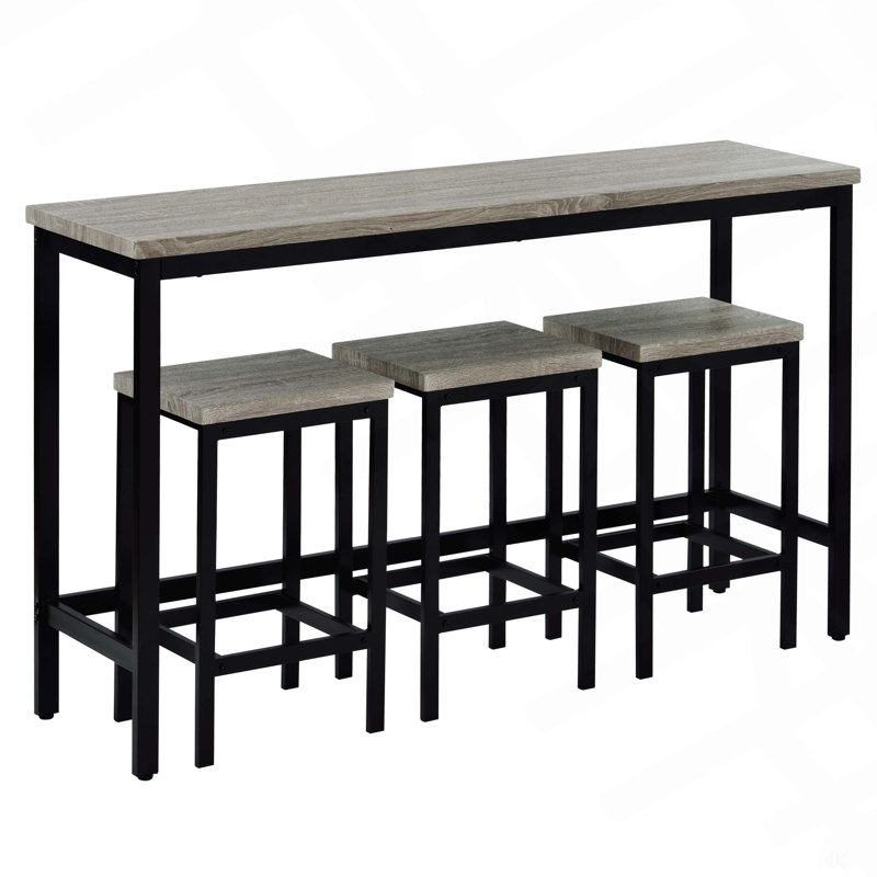 Table de salle à manger à hauteur de comptoir extra longue avec 3 tabourets, ensemble de table de pub avec repose-pieds, gris