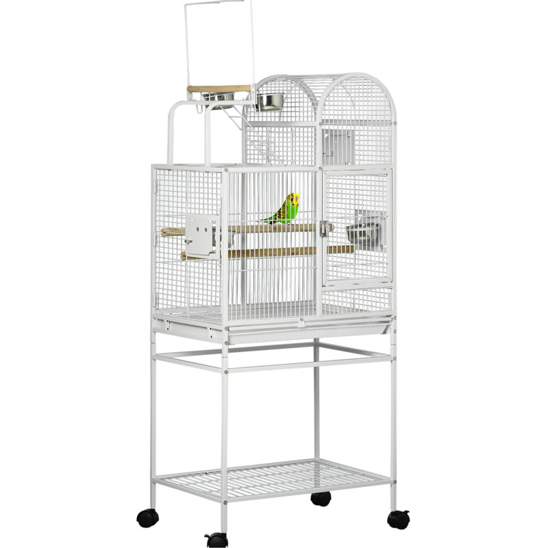 Cage à perroquet de 55 po, acier blanc, crochets, perchoirs, gobelets, support roulant pour cage à perroquets, amalgame