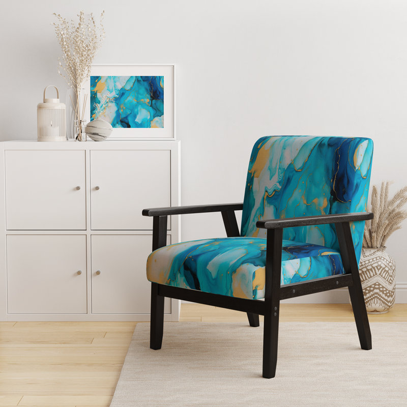 Fauteuil Berdahl, Polyester turquoise, Accoudoirs carrés noirs