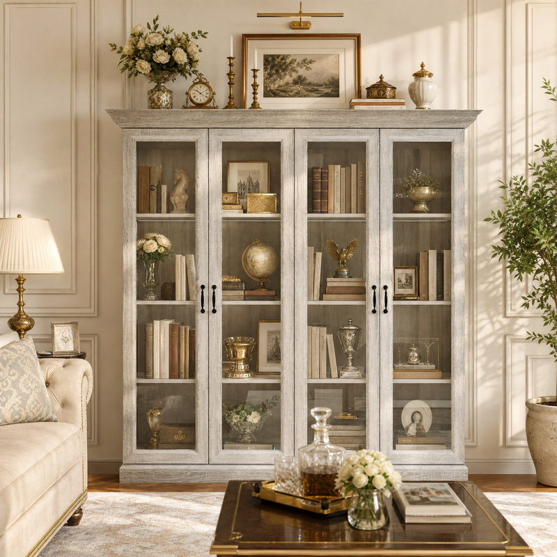 68.5" W Display Cabinet with Warm LED Lighting, Tempered Glass Doors & 8 Shelves