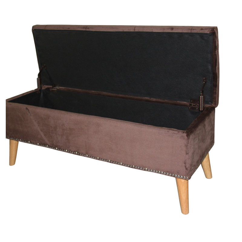 Banc de rangement capitonné de 43 cm (17 po) de hauteur, finition suédée marron, avec structure en bois