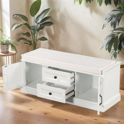 Banc de rangement pour chaussures avec rangement caché - 2 armoires, coussin amovible, poignées rétro en aluminium