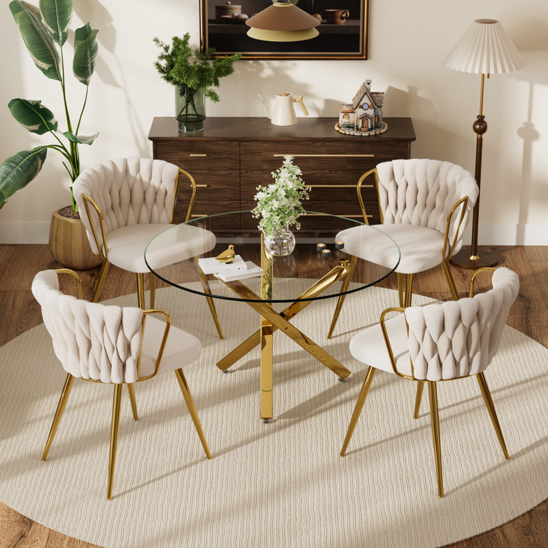 Ensemble repas rond, Beige, 5 pièces: table, 4 chaises, Doré