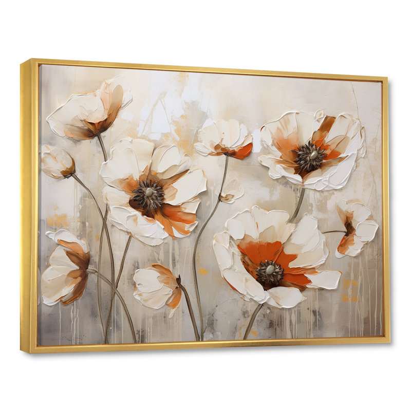 «Blossoms Of Grace Minimalisme Poppies III», reproduction sur toile, Cadre flottant doré, H 16 po x l 32 po x P 1 po