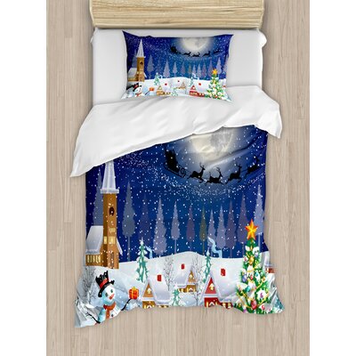 Christmas Winter Snowman Xmas Tree Santa Sleigh Church Moon Gifts Snow Stars Duvet Cover Set -  Ambesonne, nev_20070_twin