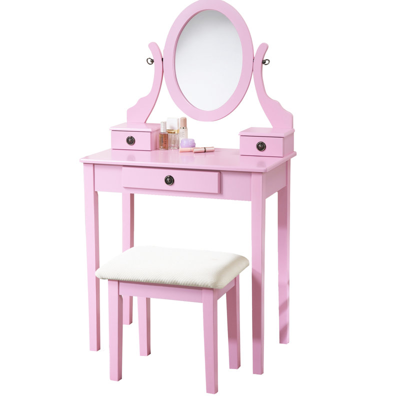 Élégante coiffeuse de maquillage rose - 3 tiroirs de rangement, miroir ajustable, tabouret en bois élégant avec tiroirs, couleur