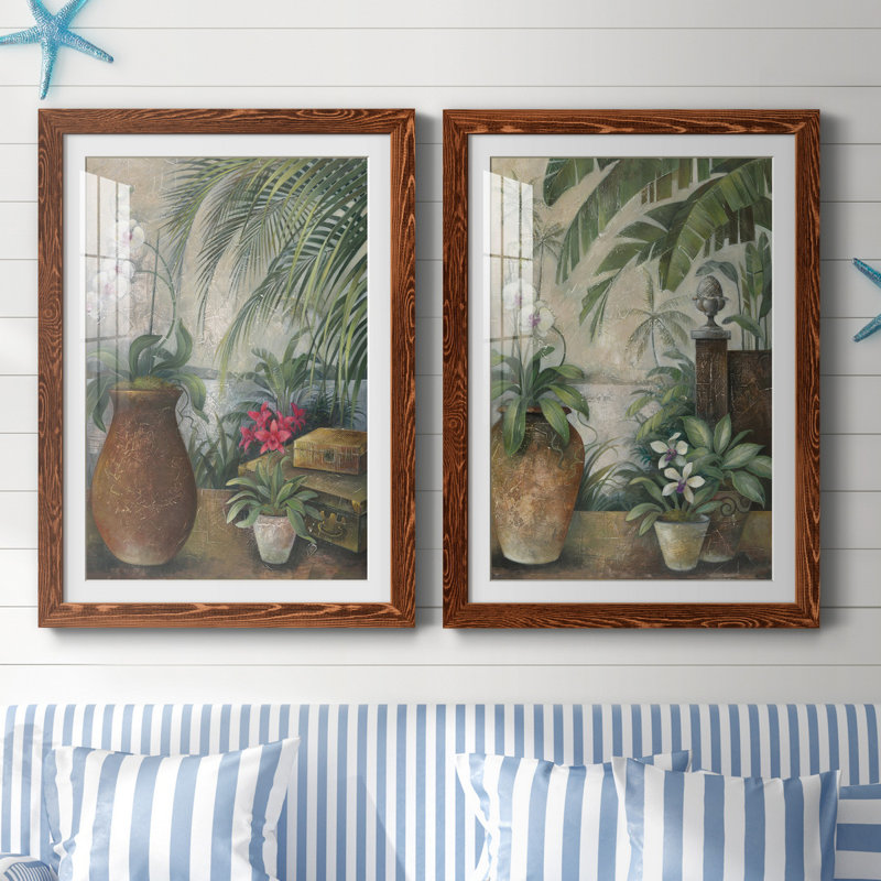 Orchidées au paradis I - ensemble de 2 reproductions d'art graphique, Papier avec cadre érable, H 20 po x l 17 po x P 1 po
