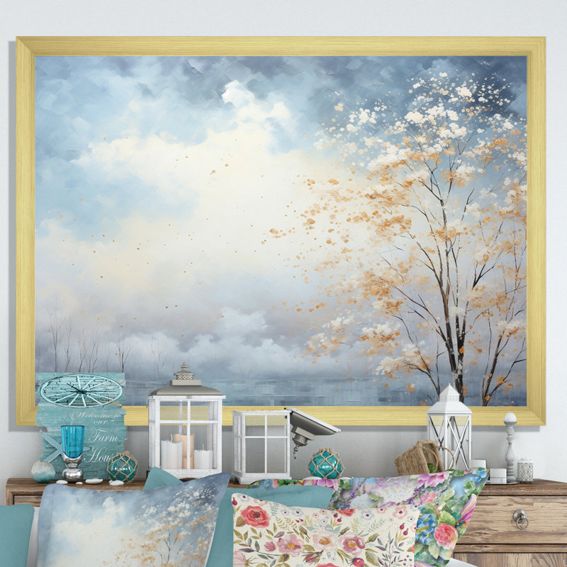 " Clouds Canopy Pointillism Landscape II ", 24" H x 32" W x 1" D, Gold Picture Framed
