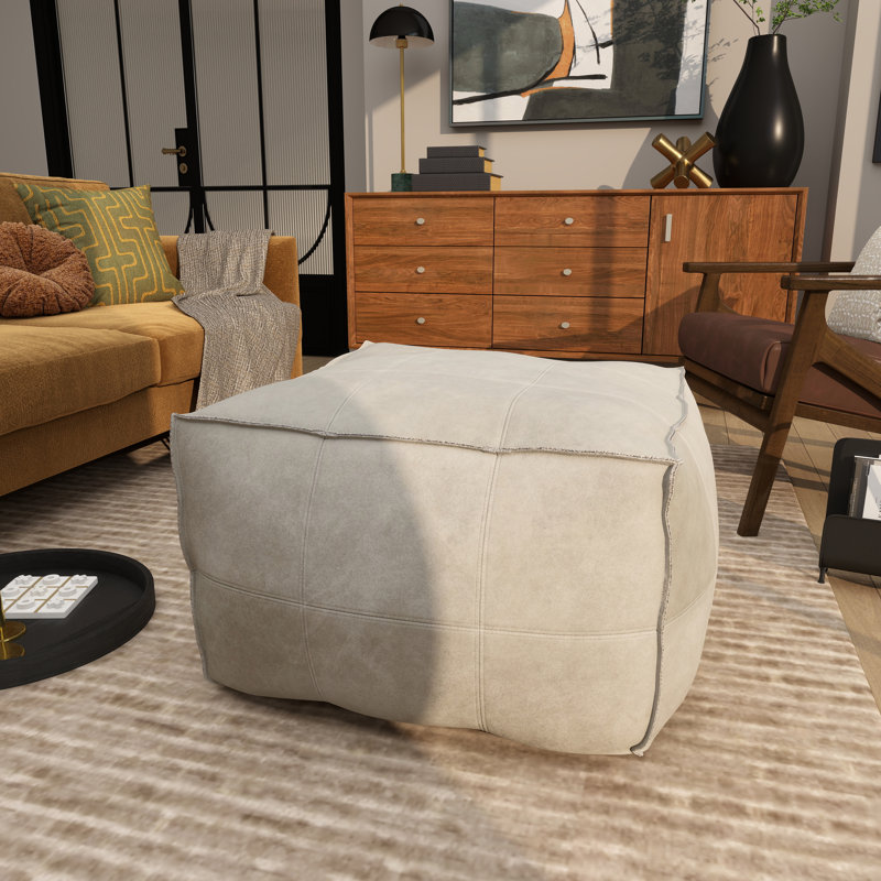 Shara Leather Pouf, Gray Genuine Leather