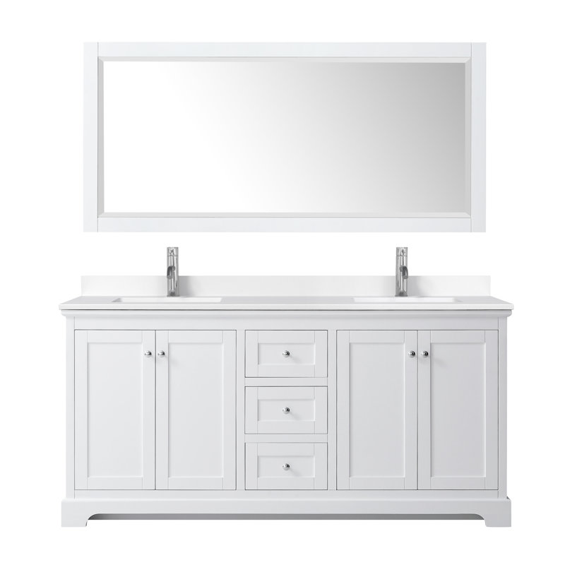 Ensemble de meuble-lavabo double 72 "avec miroir Avery, Marbre de culture blanc, Blanc, Chrome poli