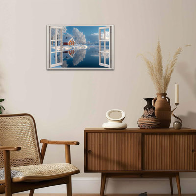 Toile d'hiver, vue de fenêtre, paysage de forêt enneigée, reflet de cabane rouge, impression sur toile encadrée pour salon, chambre à coucher, bureau, décoration murale des Fêtes, 12 po x 18 po