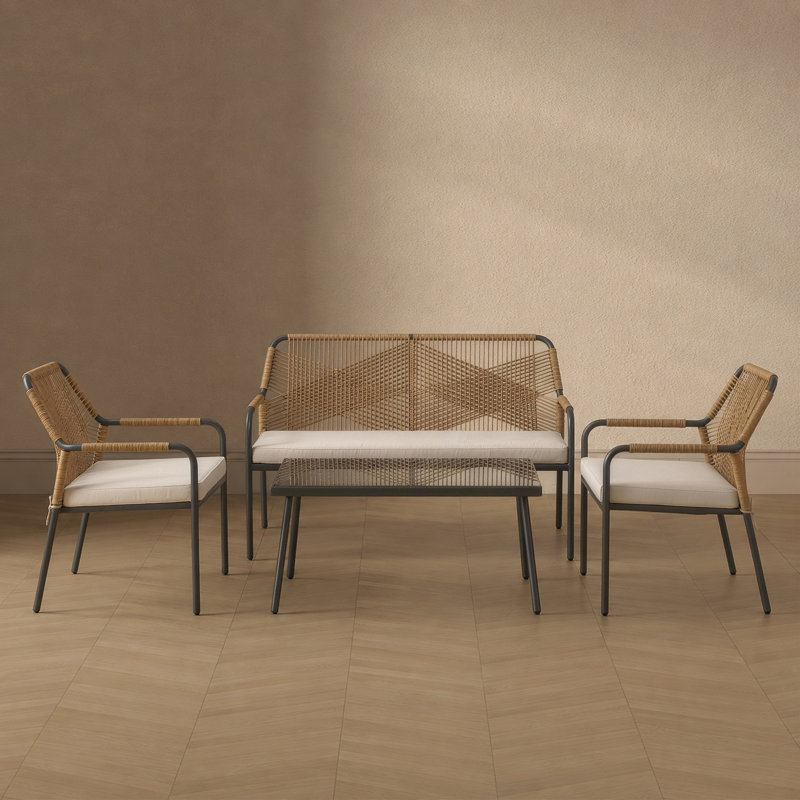 Ensemble de conversation moderne Seabreeze 4 pièces, couleur naturelle et crème, Natural and Cream