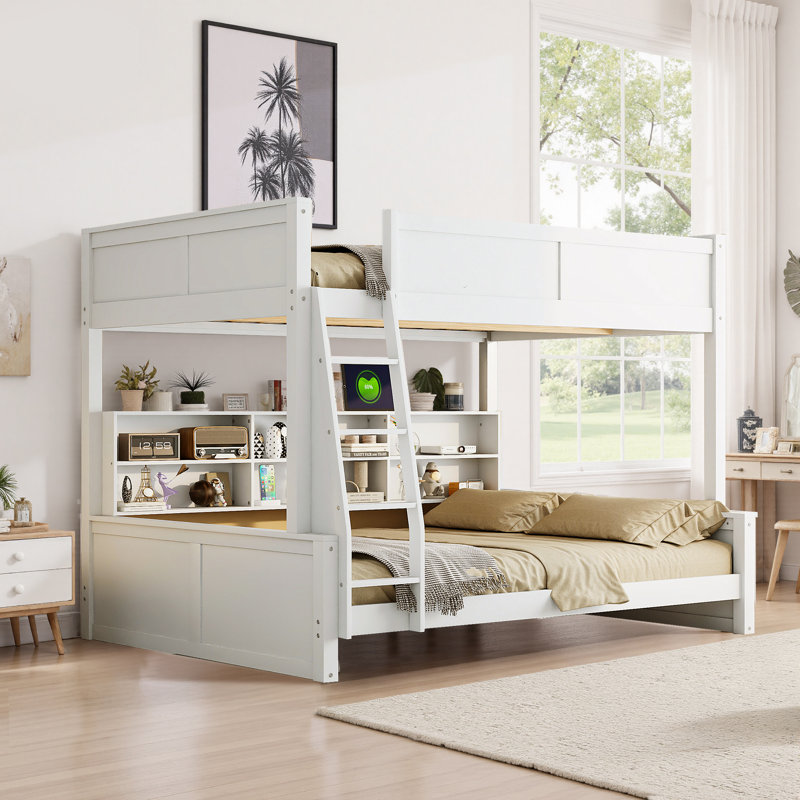 Lit superposé avec armoires de rangement et ports USB, Blanc antique