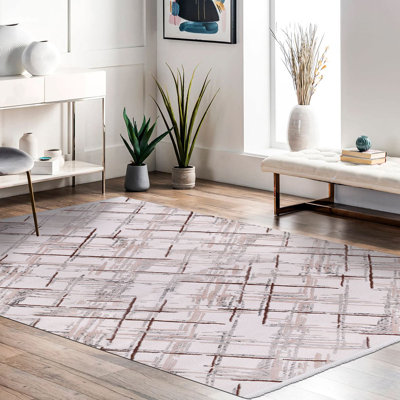 Modern/Abstract Cream Machine Washable Non-Slip Area Rug