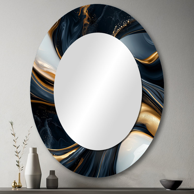 Or et noir captivant marbre II - miroir décoratif ovale abstrait sur métal, 43 po x 33 po