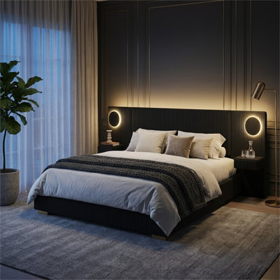 Lit plateforme tapissier en velours côtelé moderne avec lumières DEL circulaires, ports USB et tiroirs de rangement latéraux