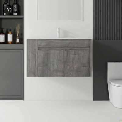 Meuble-lavabo flottant 36 po avec lavabo, porte en céramique, contreplaqué, gris