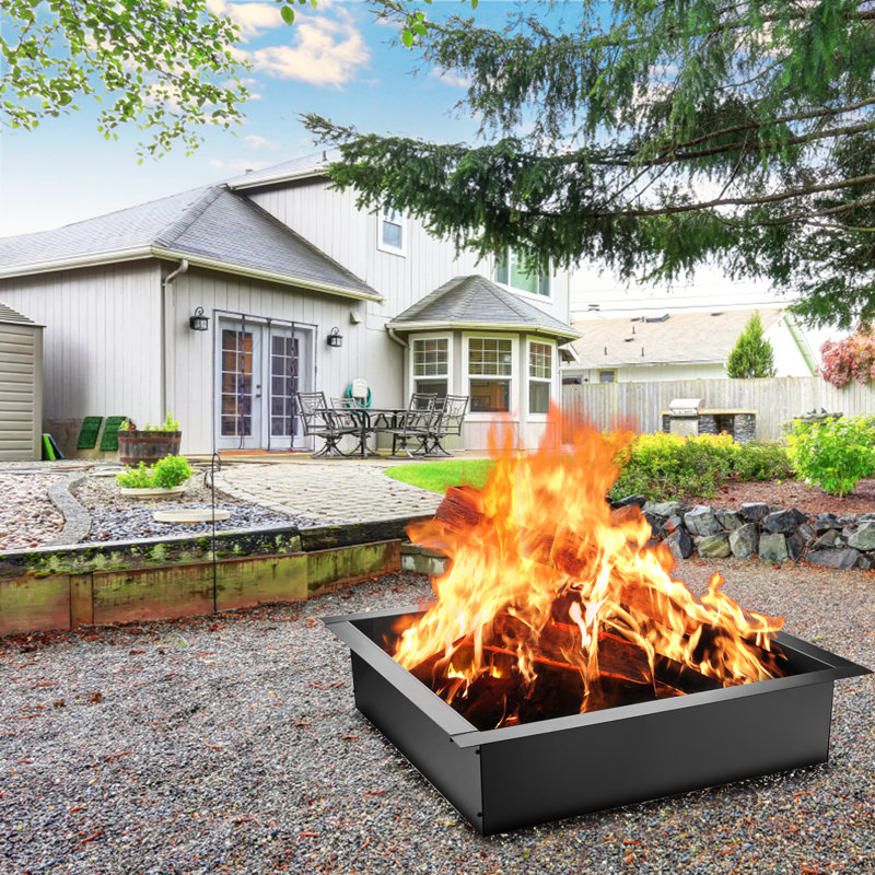 Black Steel Free-Standing Fire Pit Ring with Tongs