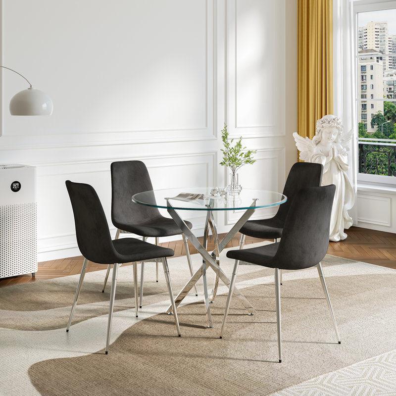 36" Round Glass Dining Set, Modern Cross Stainless Steel Base and 4 Velvet Upholstered Dining Chairs, Silver, Black/Silver