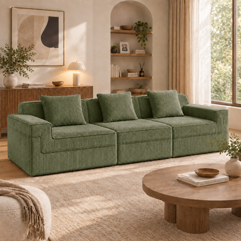 Canapé modulaire sans siège à 3 places, canapé à assise profonde avec revêtement en velours côtelé, coussins décoratifs et mousse haute résilience