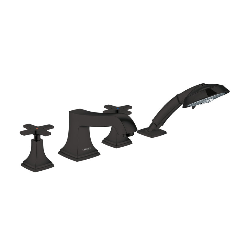 Garniture de baignoire romaine à 4 trous avec garniture de douche à main 1,8 GPM Hansgrohe Metropol, Noir mat, Poignées croix