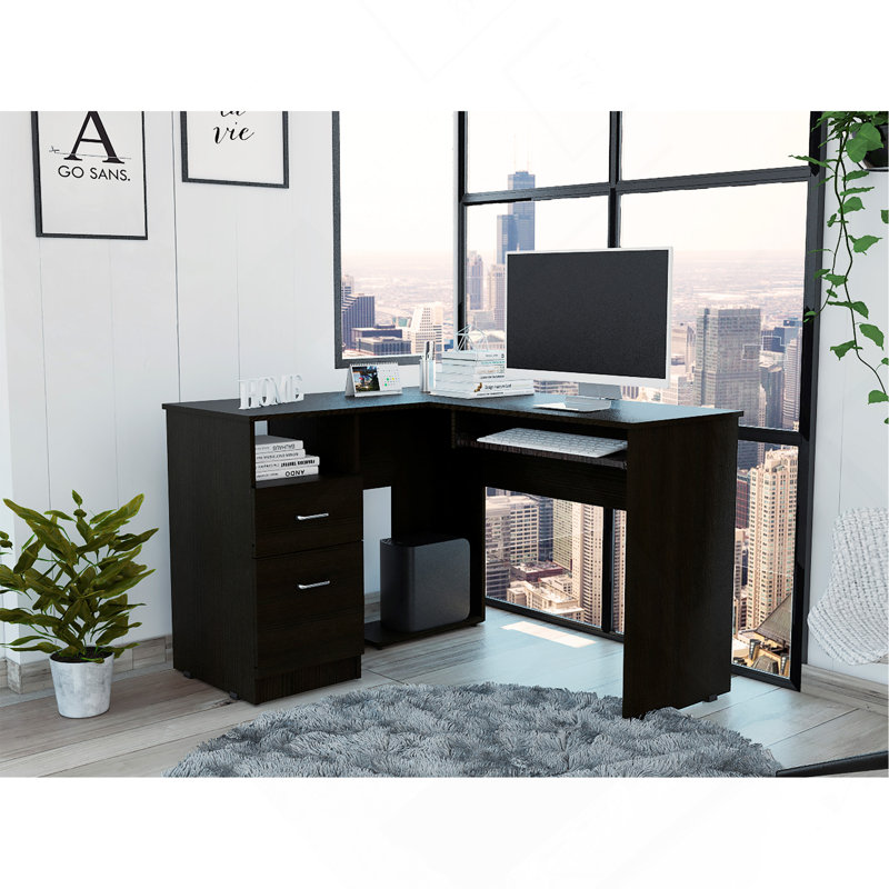 Mix L-Shaped Desk, Keyboard Tray, Two Drawers, Single Open Shelf -Black, Black
