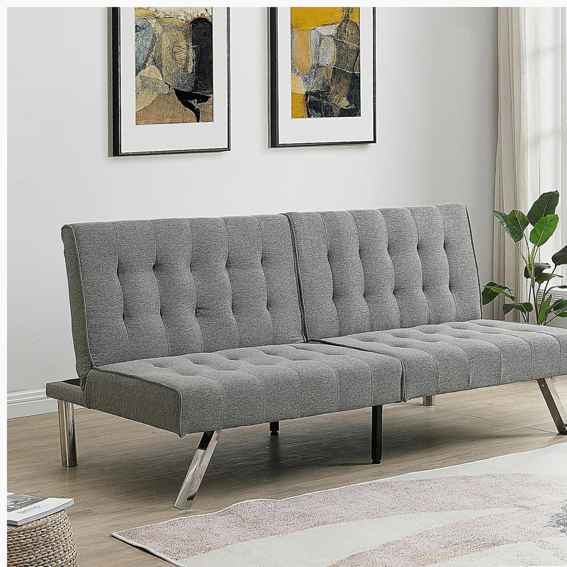 Structure en bois, pieds en acier inoxydable, futon, canapé gris