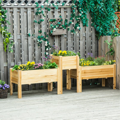 3 lits de jardin surélevés, boîtes à fleurs surélevées en bois avec pieds et doublures. Pour la cour et le patio. Cultivez des légumes, des herbes et des fleurs. Bois naturel. Respirant, auto-arrosage. Combinaisons flexibles. Plante