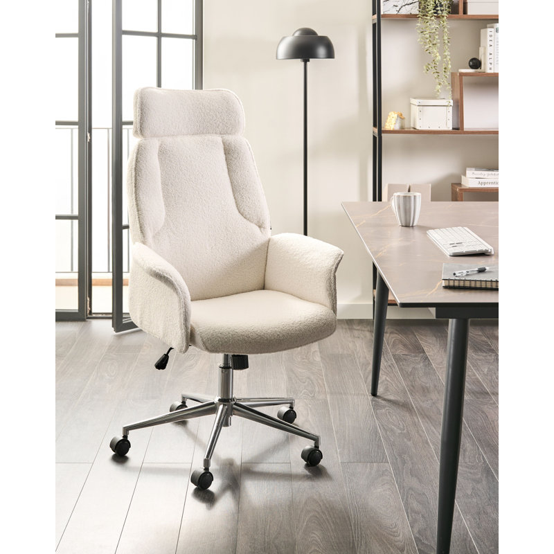 Office Chair with Headrest, Off White Boucle
