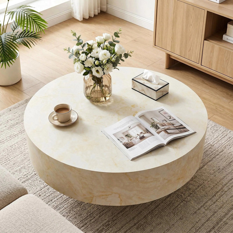 Table basse ronde, table basse cannelée avec piédestal robuste, table basse moderne Mid-Century pour salon, chambre à coucher, terrasse, bureau, petit espace