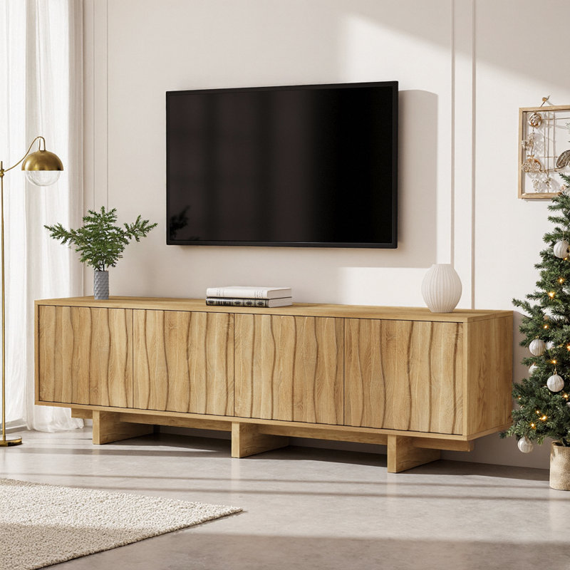 Meuble télé avec portes à panneau ondulé, console média rustique avec armoires à pousser