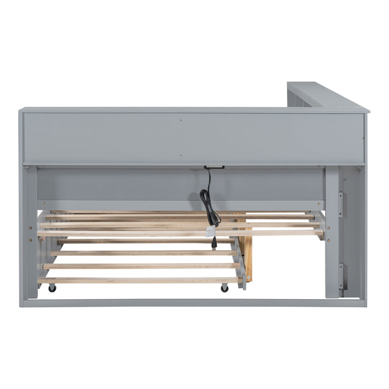 Wooden Full Size Daybed with Twin Trundle, Storage Shelf & USB Charging Ports, Grey Space-Saving Sofa Bed for Bedroom or Guest Room