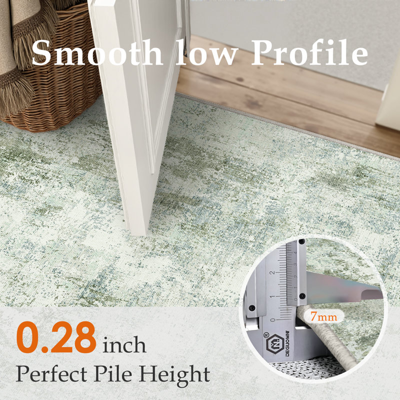 Tapis moderne lavable abstrait vert clair, Vert clair, Rectangle 5 pi x 7 pi