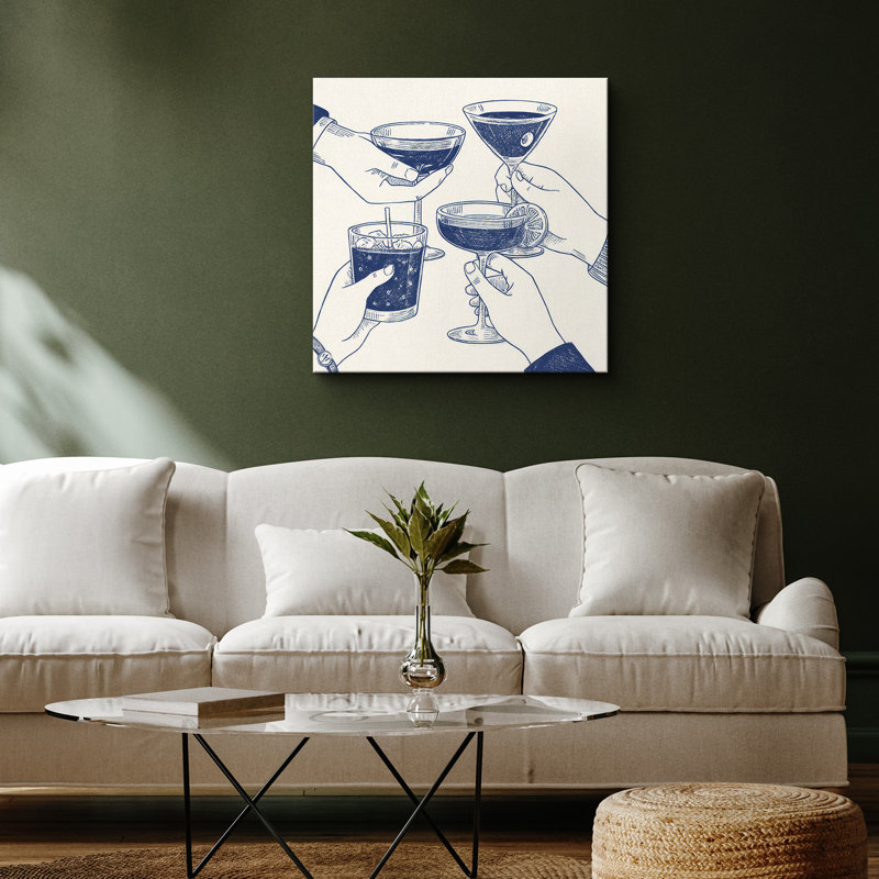 Classic Cocktail Glasses Cheers Line Art Bar Scene – Pictures Framed Canvas Print Wall Art, 24" H x 24" W x 1.5" D