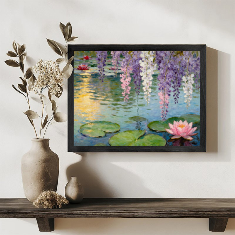 Reproduction d'art encadrée noire de fleurs de glycine rétro reflétée sur l'eau, H 17 po x l 13 po