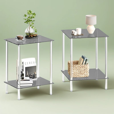 Ensemble de 2 tables d'appoint modernes en acrylique et en verre trempé avec tablettes de rangement, table de bout minimaliste à 2 niveaux pour les petits espaces dans le salon, la chambre à coucher ou le bureau